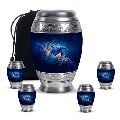 Cobalt Blue Dolphin Cremation Urn detail view - royal dolphin engraving with decorative scrollwork - memorial set with one large and four small urns