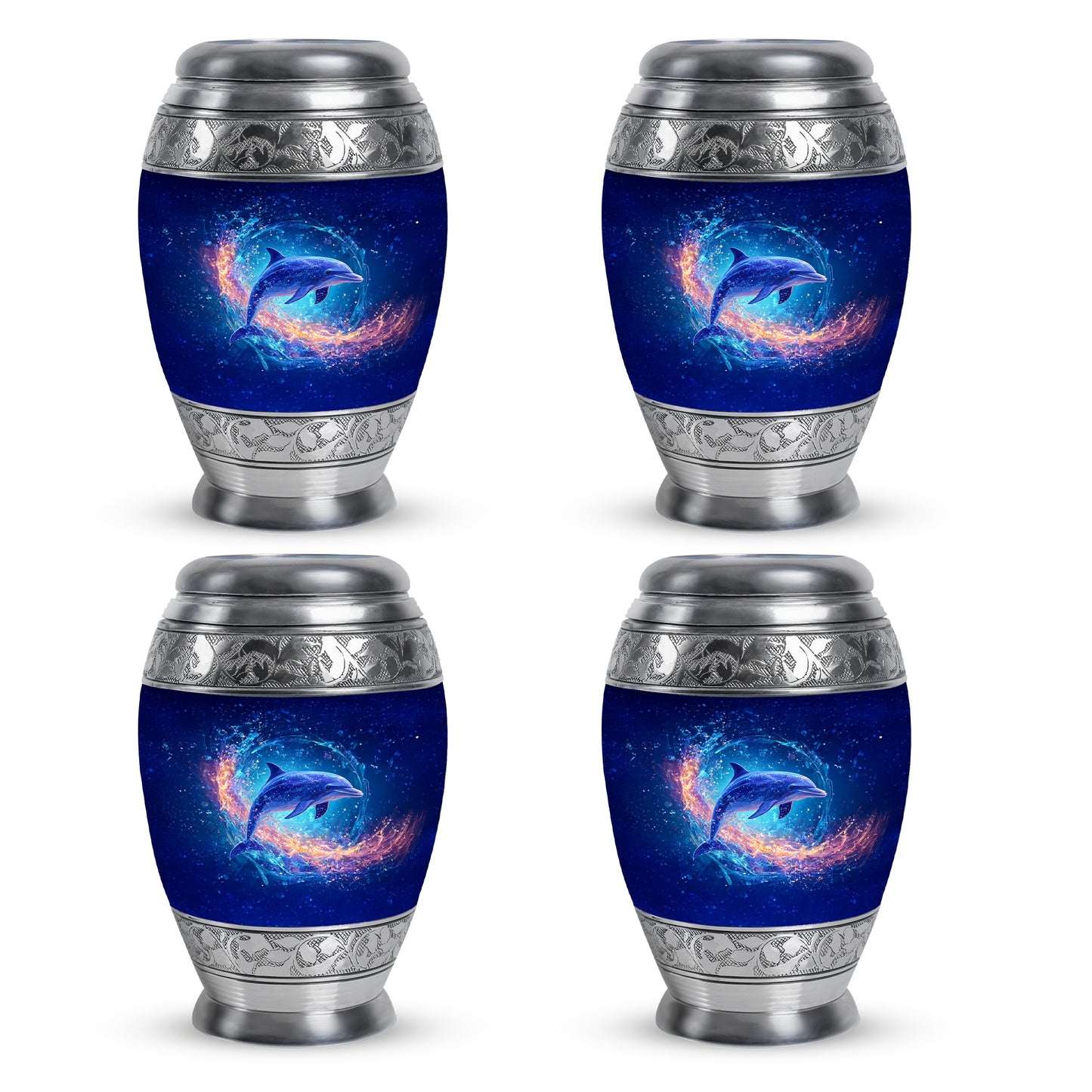 Powder Blue Dolphin Cremation Urn urn with complimentary velvet bag - ornate monarch-style dolphin relief on brushed aluminum - 10 inch aluminum urn for cremated remains
