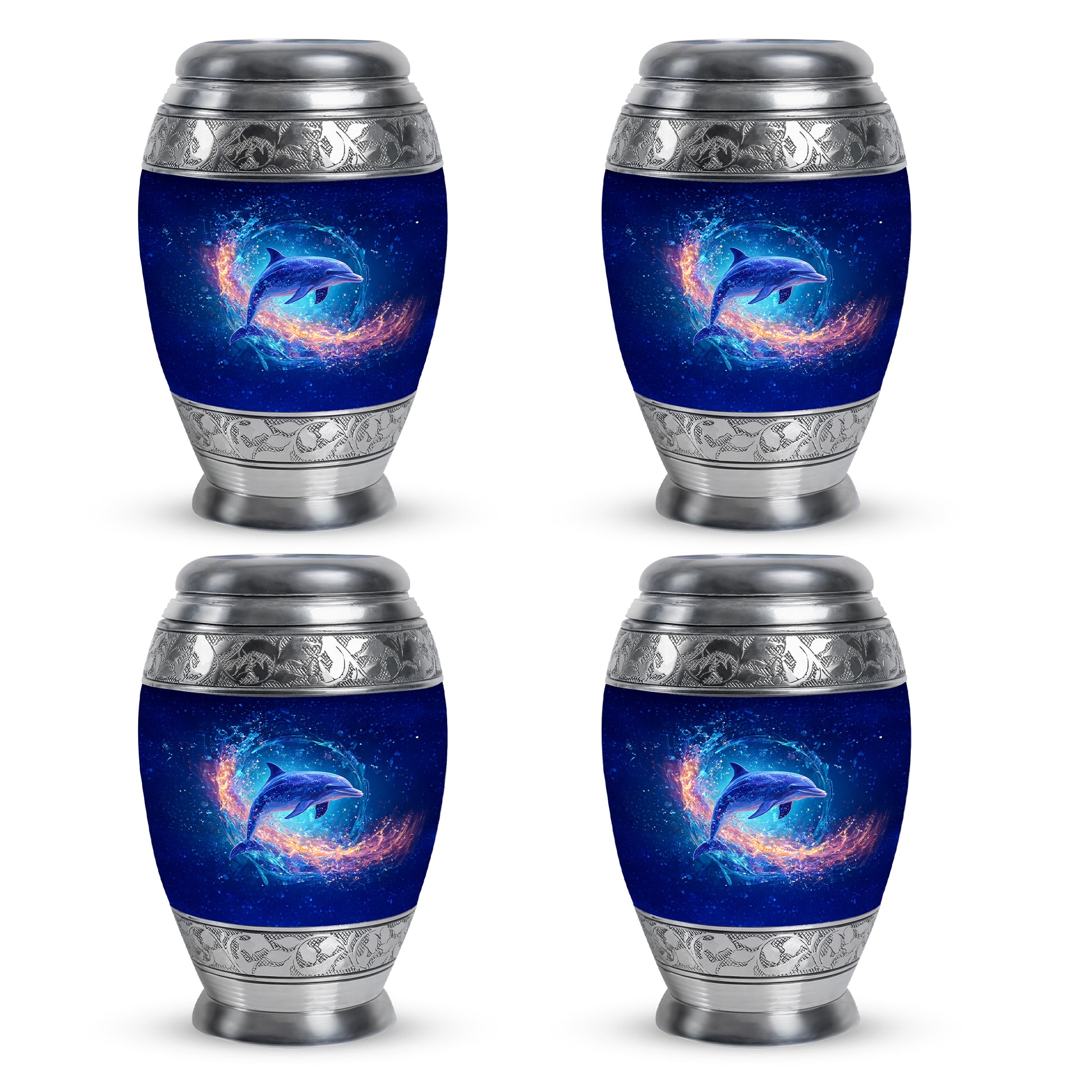 Powder Blue Dolphin Cremation Urn urn with complimentary velvet bag - ornate monarch-style dolphin relief on brushed aluminum - 10 inch aluminum urn for cremated remains