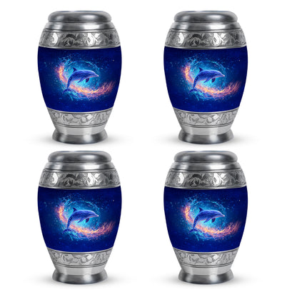 Powder Blue Dolphin Cremation Urn urn with complimentary velvet bag - ornate monarch-style dolphin relief on brushed aluminum - 10 inch aluminum urn for cremated remains