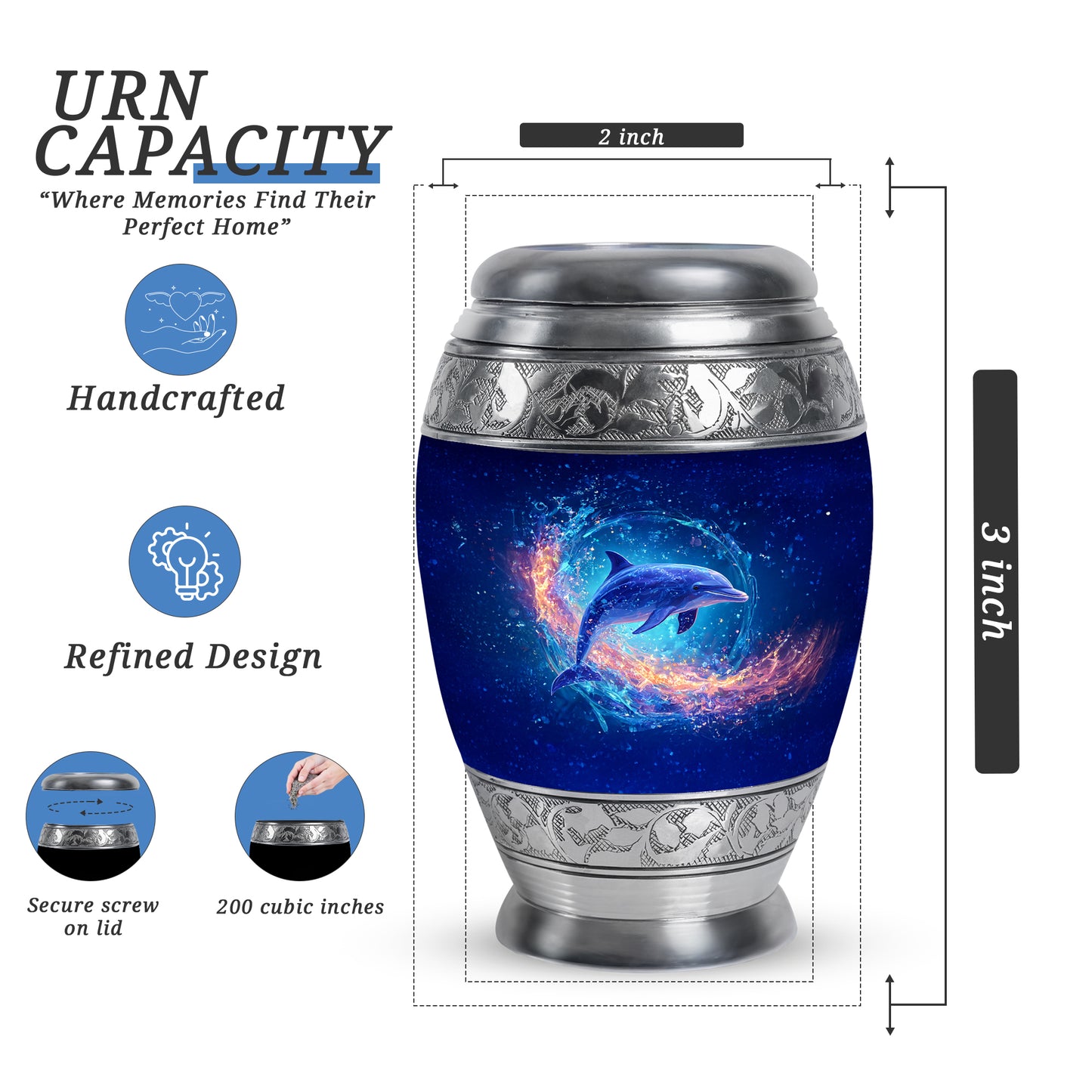 Azure Dolphin Cremation Urn lifestyle display on memorial shelf - ornate monarch-style dolphin relief on brushed aluminum - mini keepsake memorial for portion of cremation ashes