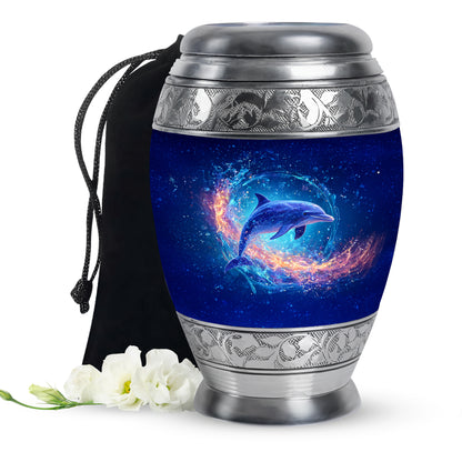 Sky Blue Dolphin Cremation Urn back view with polished surface - regal dolphin design with crown-inspired accents - full-size 10 inch 200 cubic inch adult cremation urn