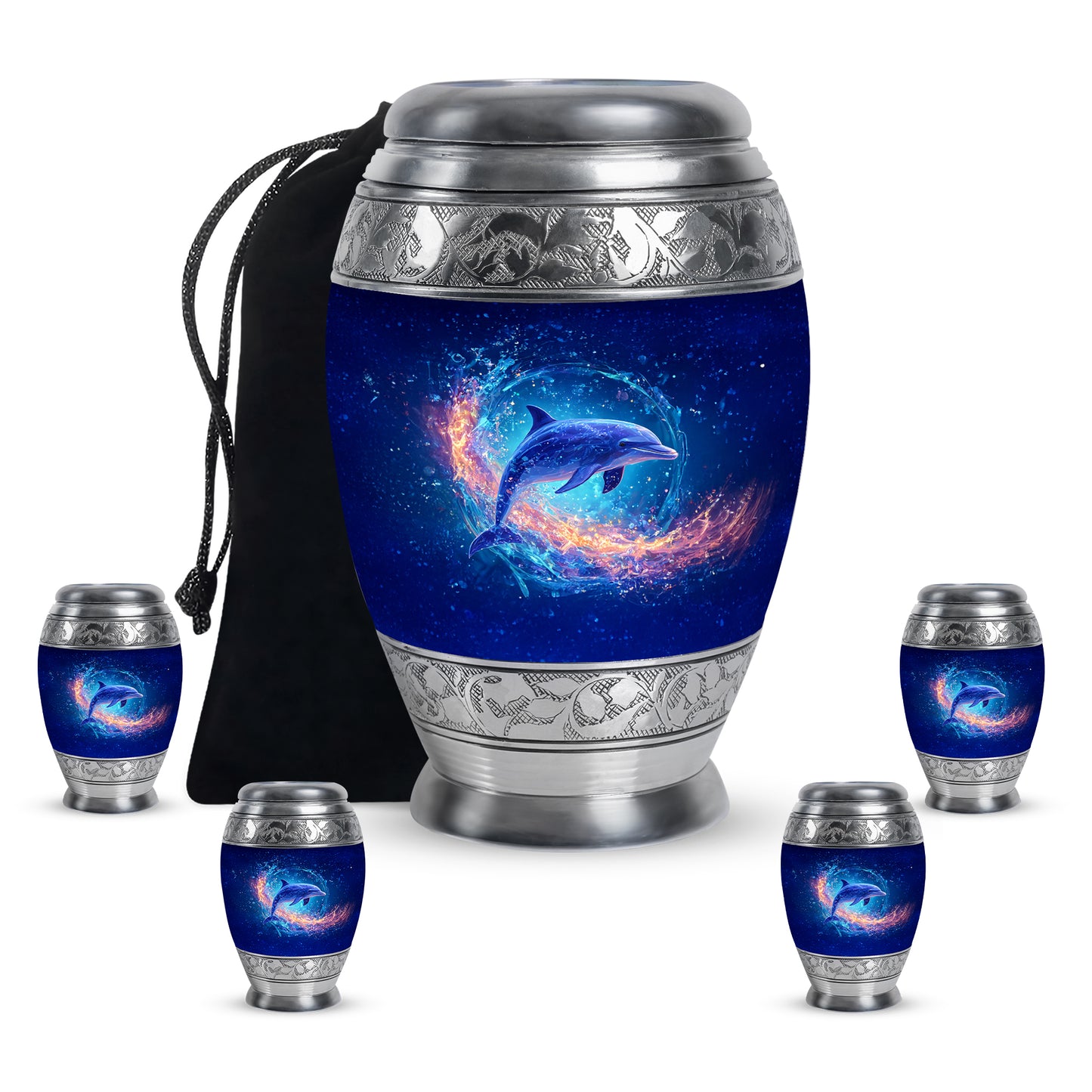 Misty Blue Dolphin Cremation Urn detail view - ornate monarch-style dolphin relief on brushed aluminum - memorial set with one large and four small urns