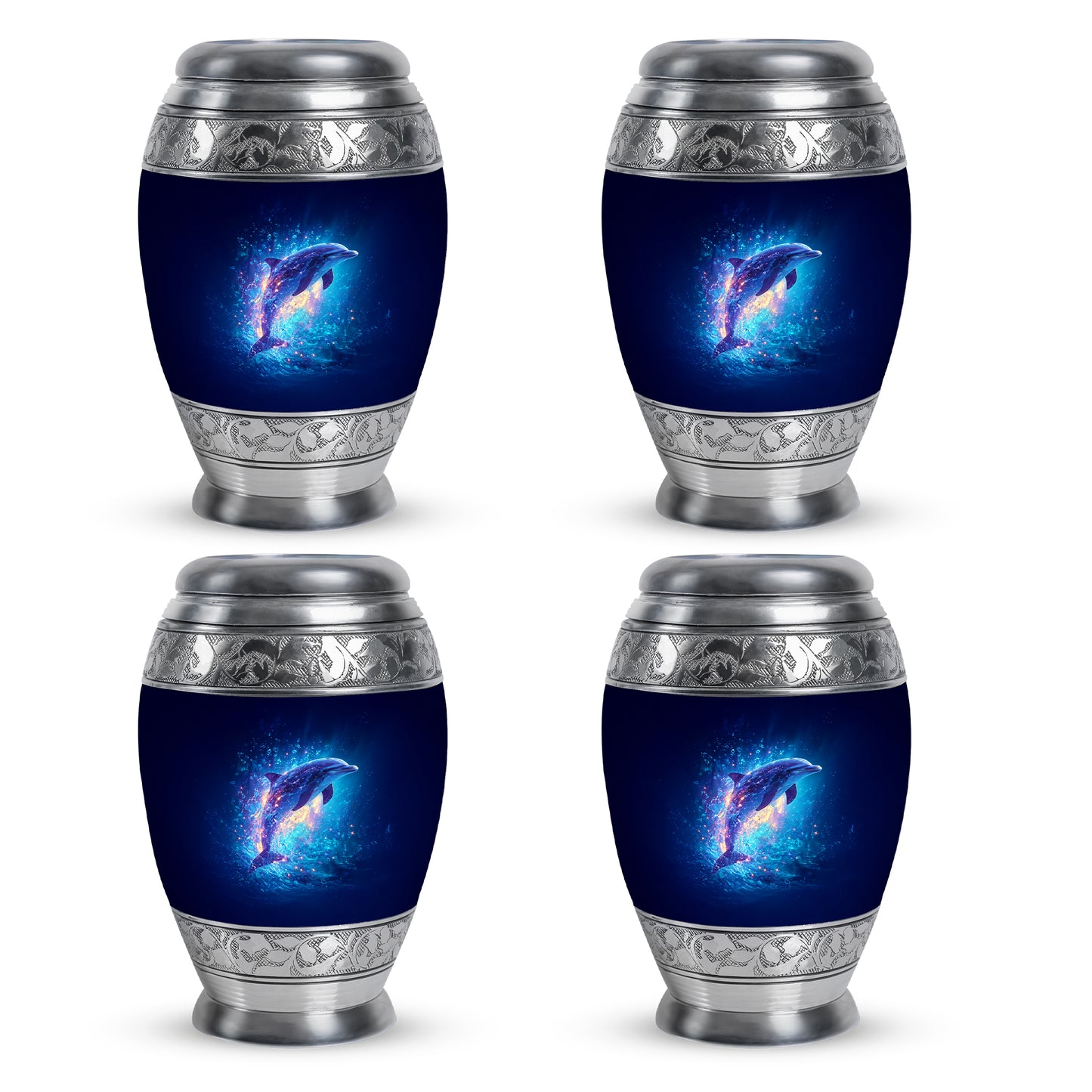 Azure Dolphin Cremation Urn urn with complimentary velvet bag - ornate monarch-style dolphin relief on brushed aluminum - 10 inch aluminum urn for cremated remains