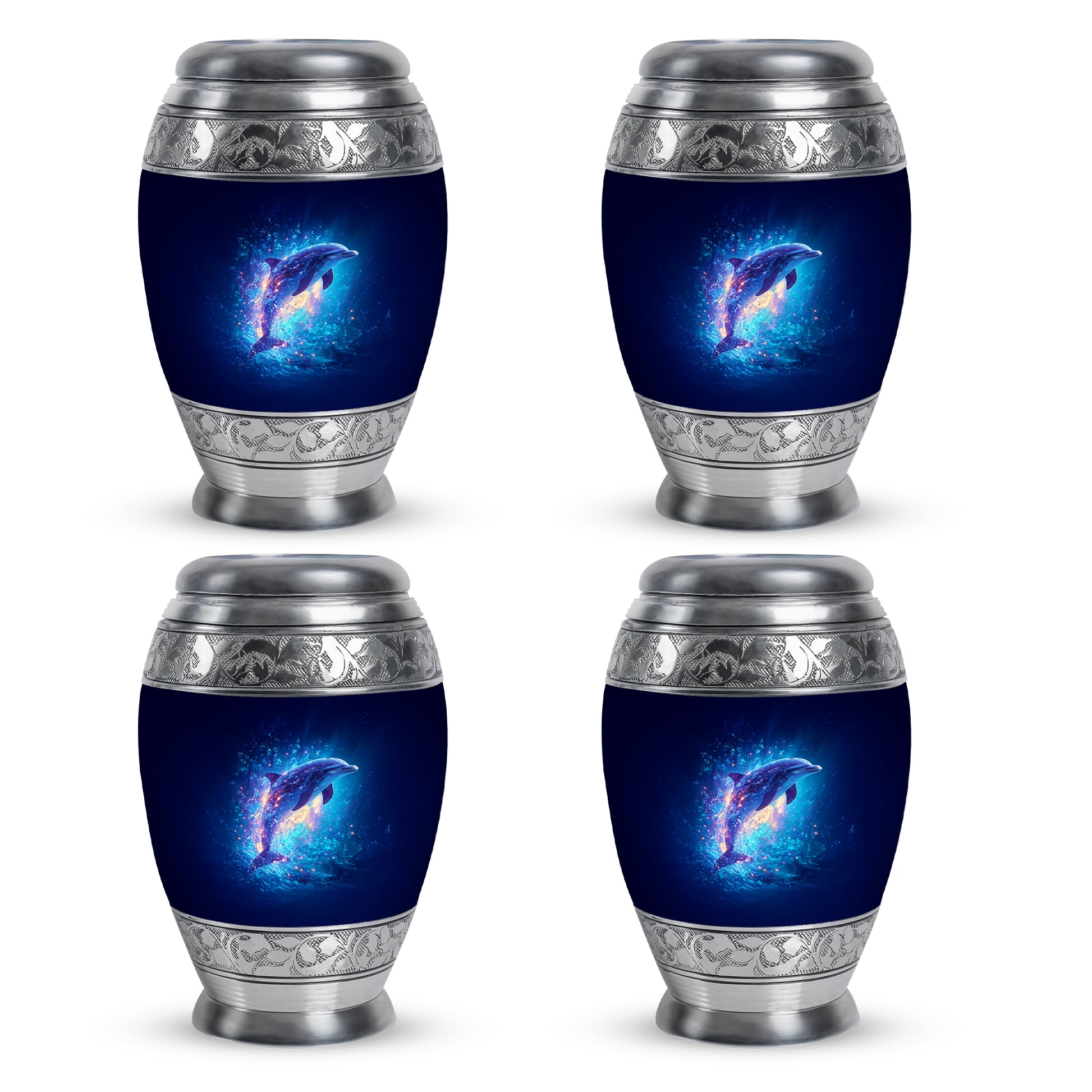 Azure Dolphin Cremation Urn urn with complimentary velvet bag - ornate monarch-style dolphin relief on brushed aluminum - 10 inch aluminum urn for cremated remains
