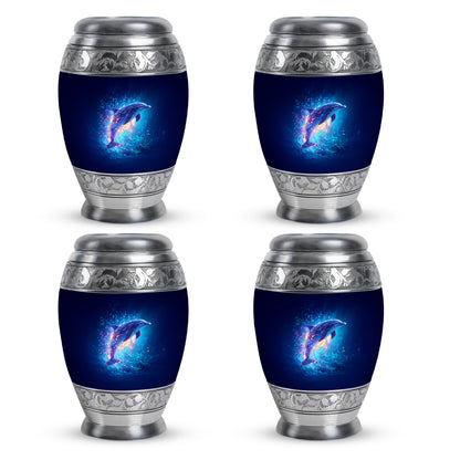 Azure Dolphin Cremation Urn urn with complimentary velvet bag - ornate monarch-style dolphin relief on brushed aluminum - 10 inch aluminum urn for cremated remains