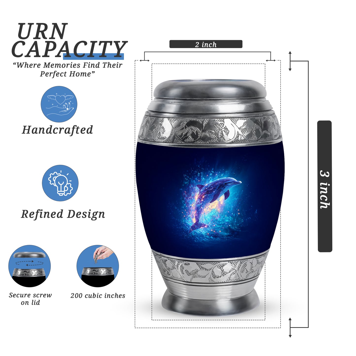 Misty Blue Dolphin Cremation Urn lifestyle display on memorial shelf - ornate monarch-style dolphin relief on brushed aluminum - mini keepsake memorial for portion of cremation ashes