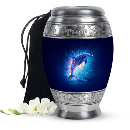Bright Blue Dolphin Cremation Urn back view with polished surface - majestic dolphin pattern with filigree border - full-size 10 inch 200 cubic inch adult cremation urn