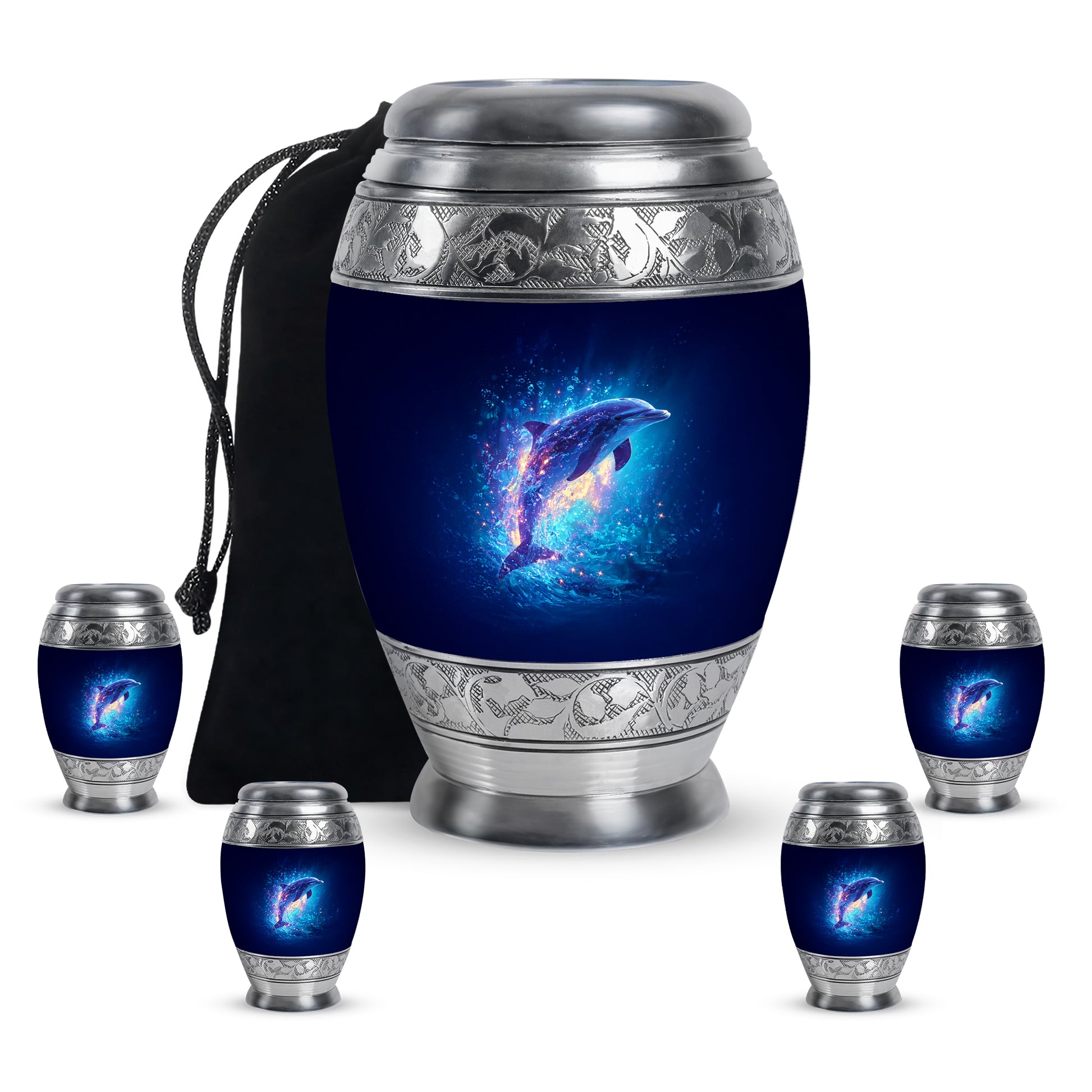 Cobalt Blue Dolphin Cremation Urn detail view - majestic dolphin pattern with filigree border - memorial set with one large and four small urns