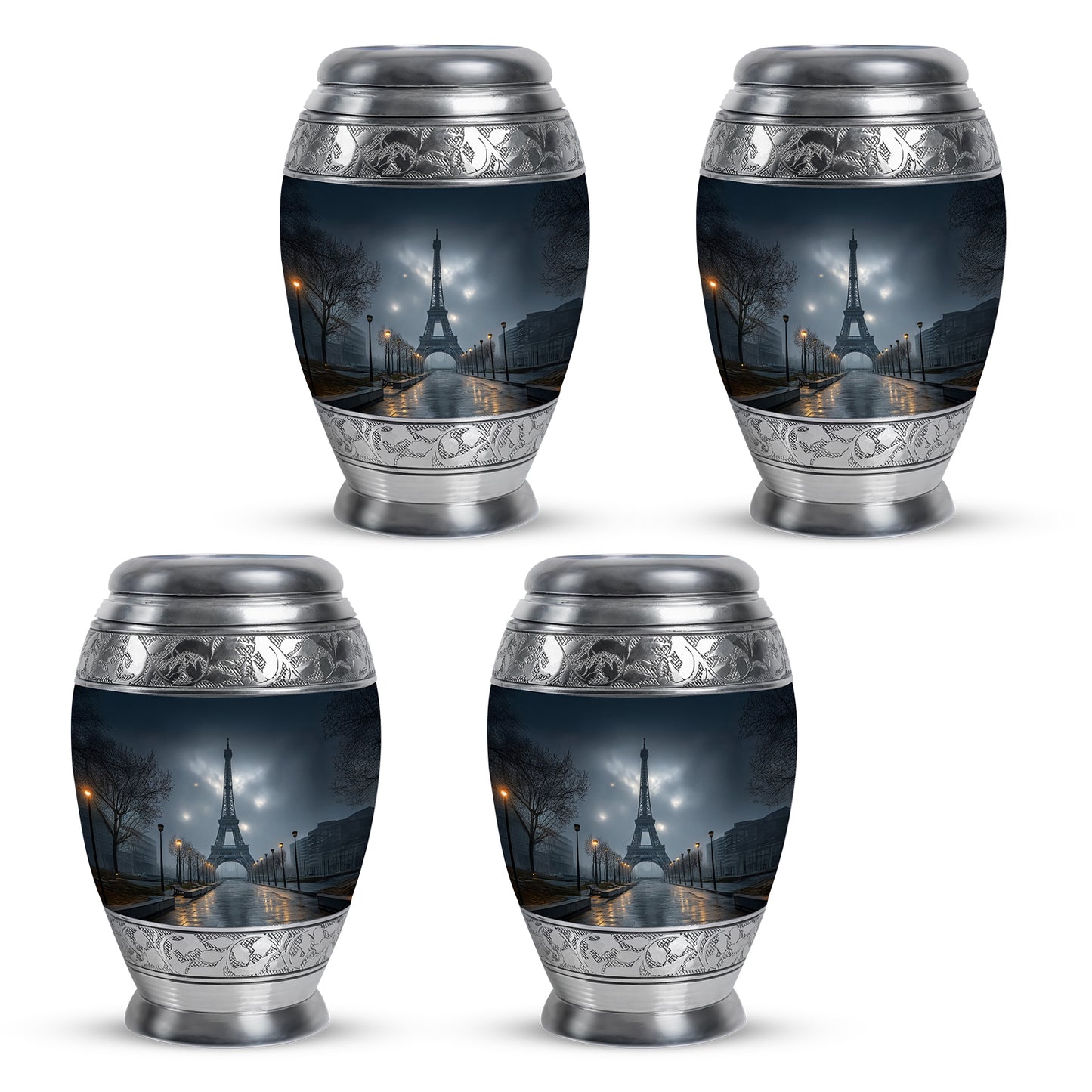 Royal Blue Eiffel Tower Cremation Urn urn with complimentary velvet bag - majestic eiffel tower pattern with filigree border - 10 inch aluminum urn for cremated remains