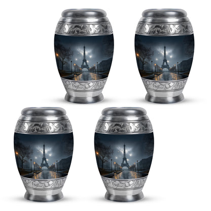 Royal Blue Eiffel Tower Cremation Urn urn with complimentary velvet bag - majestic eiffel tower pattern with filigree border - 10 inch aluminum urn for cremated remains