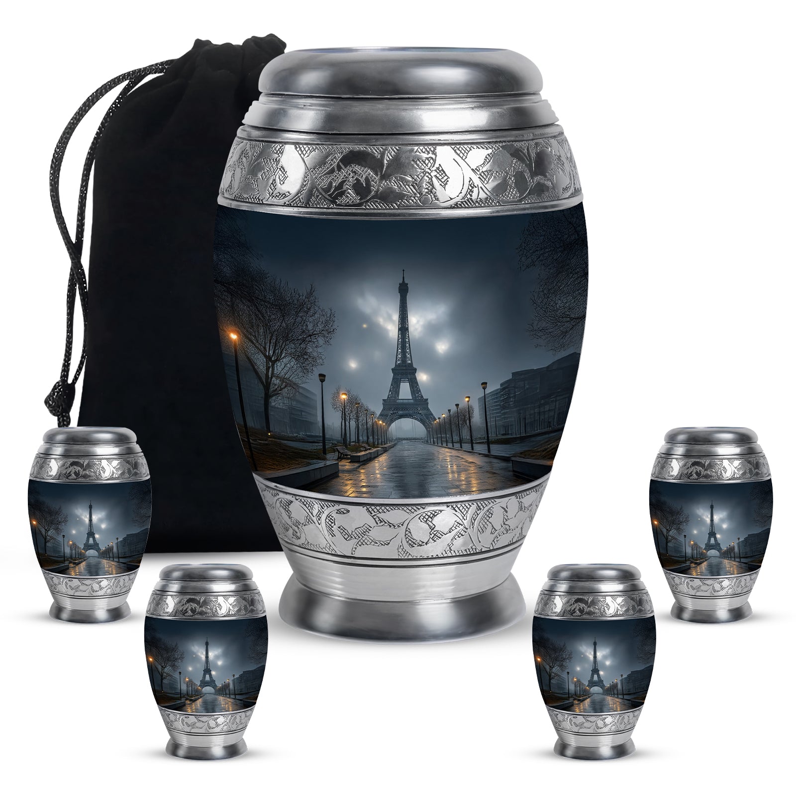 Azure Eiffel Tower Cremation Urn detail view - regal eiffel tower design with crown-inspired accents - memorial set with one large and four small urns