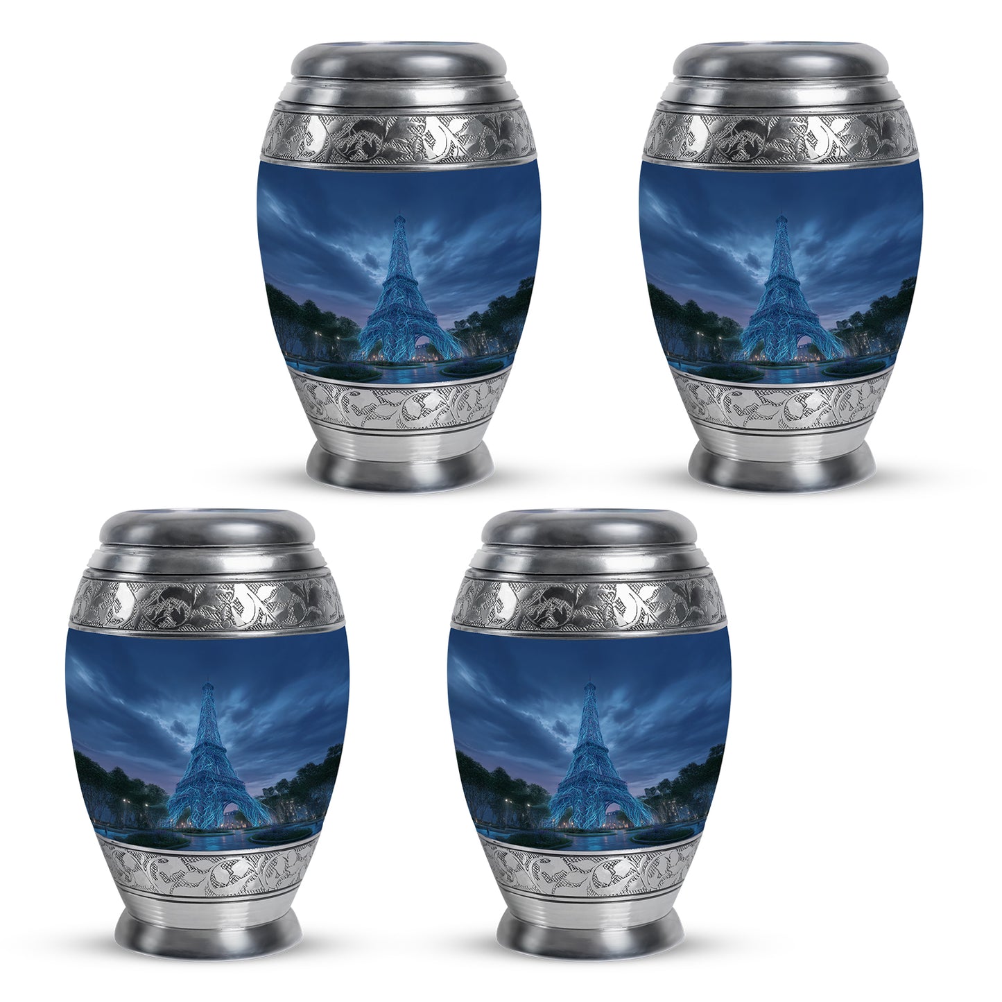 Icy Blue Eiffel Tower Cremation Urn urn with complimentary velvet bag - ornate monarch-style eiffel tower relief on brushed aluminum - 10 inch aluminum urn for cremated remains