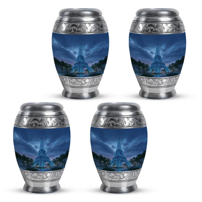 Icy Blue Eiffel Tower Cremation Urn urn with complimentary velvet bag - ornate monarch-style eiffel tower relief on brushed aluminum - 10 inch aluminum urn for cremated remains