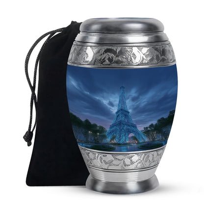 Icy Blue Eiffel Tower Cremation Urn back view with polished surface - ornate monarch-style eiffel tower relief on brushed aluminum - full-size 10 inch 200 cubic inch adult cremation urn