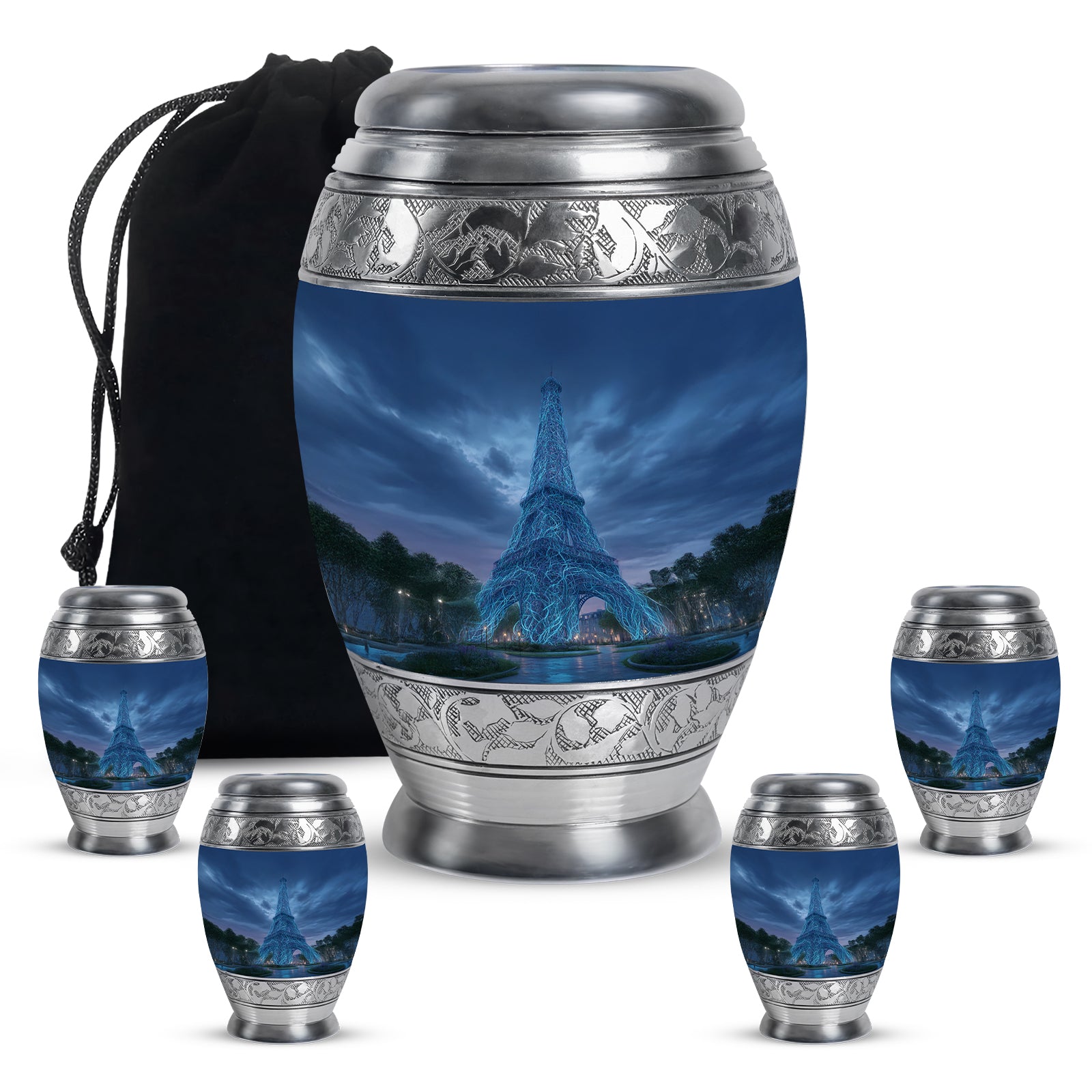 Cobalt Blue Eiffel Tower Cremation Urn detail view - majestic eiffel tower pattern with filigree border - memorial set with one large and four small urns