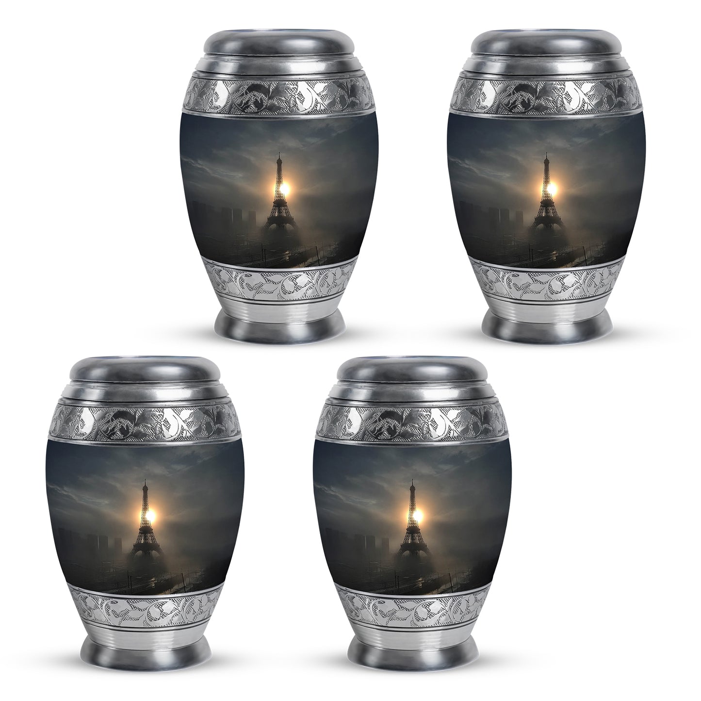 Midnight Black Eiffel Tower Cremation Urn urn with complimentary velvet bag - majestic eiffel tower pattern with filigree border - 10 inch aluminum urn for cremated remains