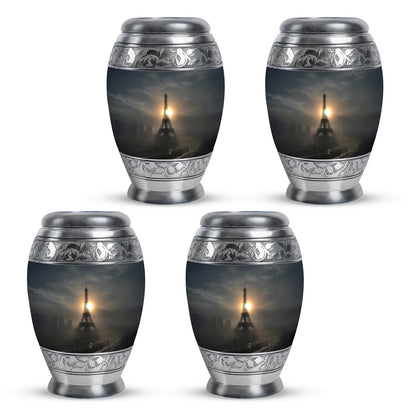 Midnight Black Eiffel Tower Cremation Urn urn with complimentary velvet bag - majestic eiffel tower pattern with filigree border - 10 inch aluminum urn for cremated remains