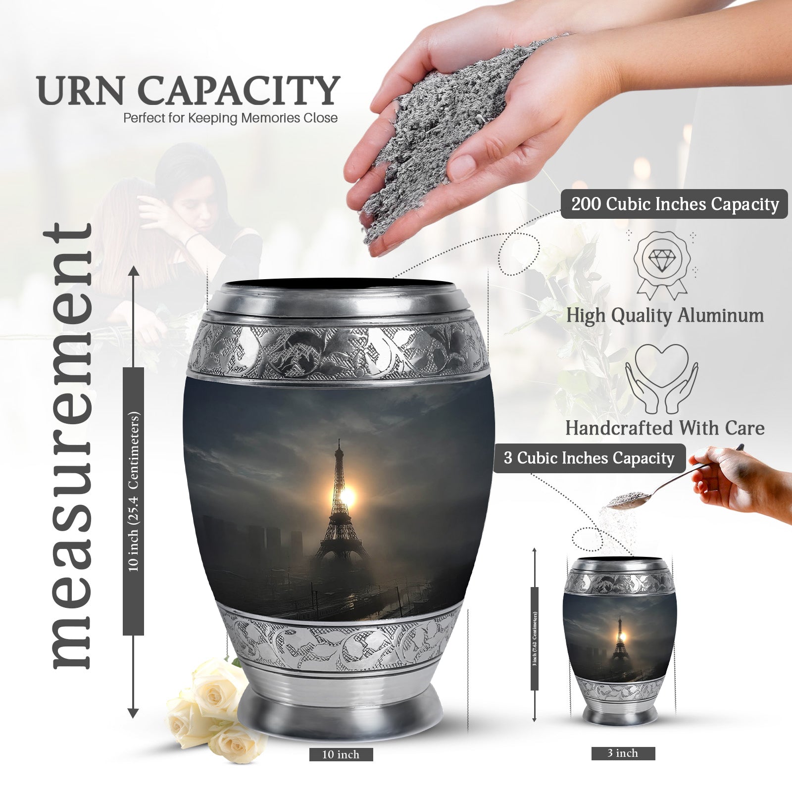 Deep Black Eiffel Tower Cremation Urn lifestyle display on memorial shelf - regal eiffel tower design with crown-inspired accents - mini keepsake memorial for portion of cremation ashes