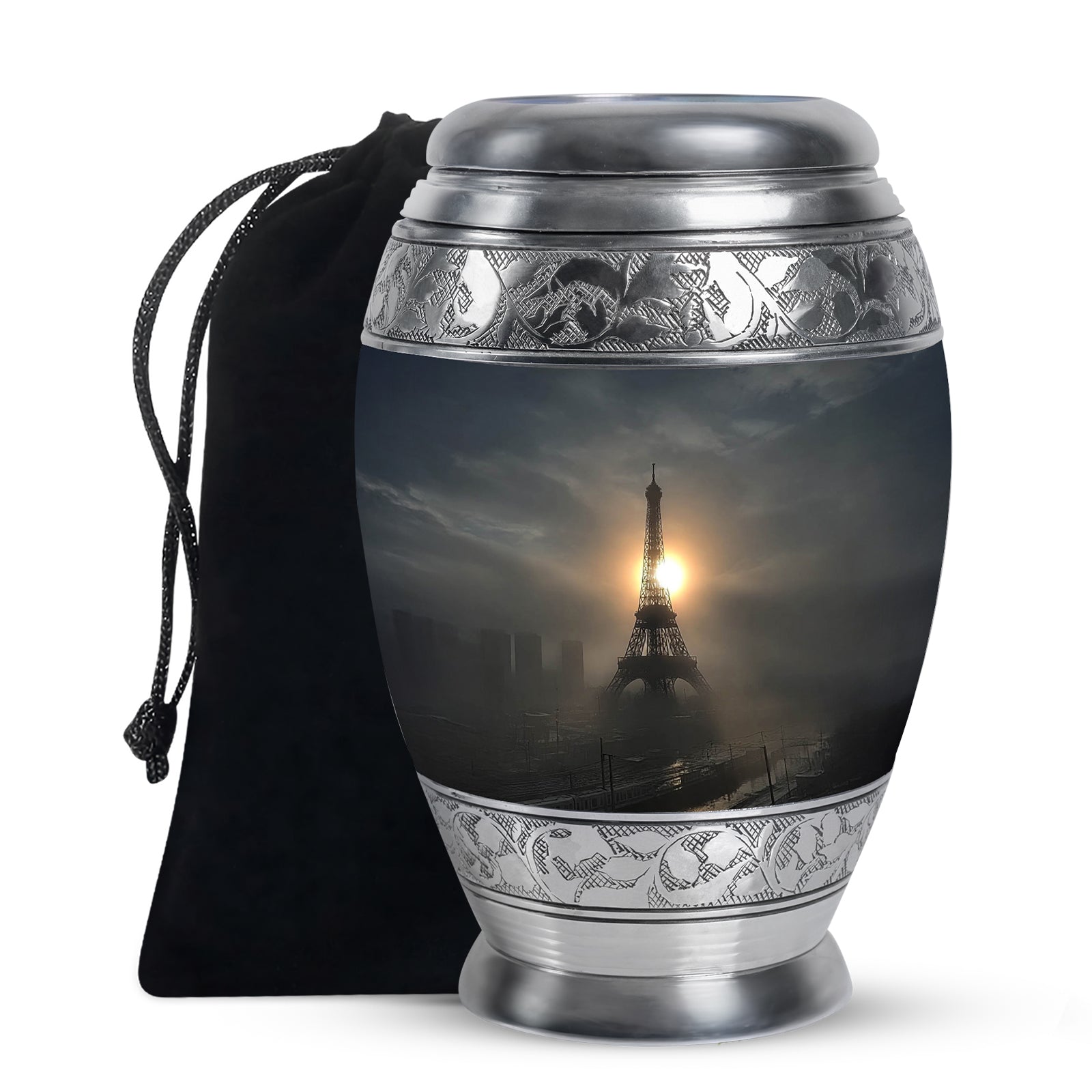 Onyx Black Eiffel Tower Cremation Urn back view with polished surface - royal eiffel tower engraving with decorative scrollwork - full-size 10 inch 200 cubic inch adult cremation urn