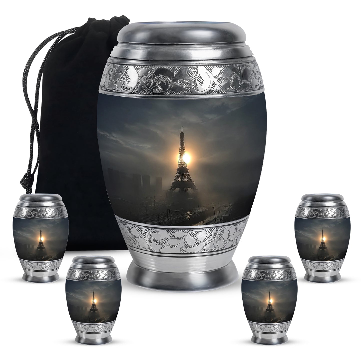 Jet Black Eiffel Tower Cremation Urn detail view - regal eiffel tower design with crown-inspired accents - memorial set with one large and four small urns