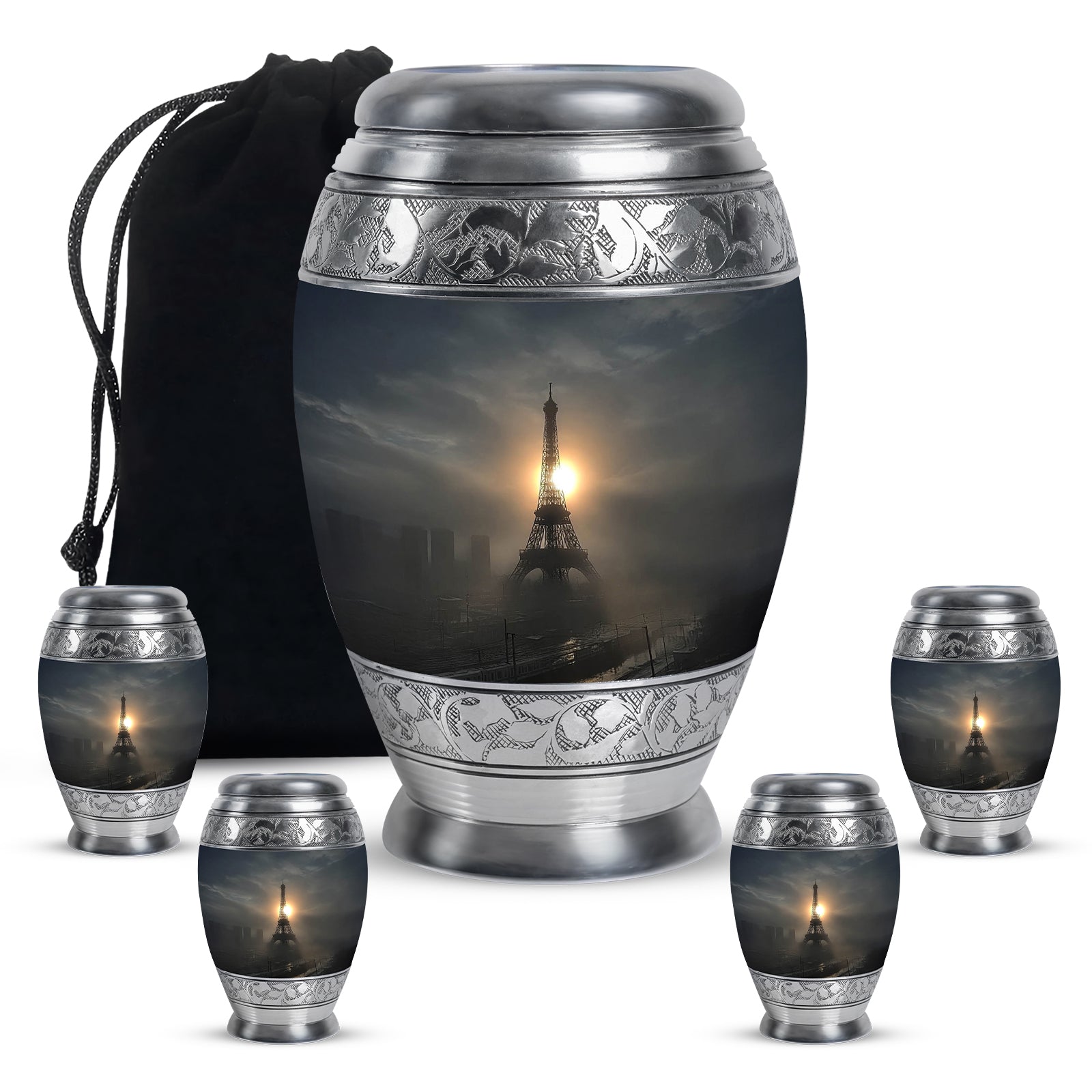 Jet Black Eiffel Tower Cremation Urn detail view - regal eiffel tower design with crown-inspired accents - memorial set with one large and four small urns