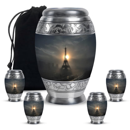 Jet Black Eiffel Tower Cremation Urn detail view - regal eiffel tower design with crown-inspired accents - memorial set with one large and four small urns