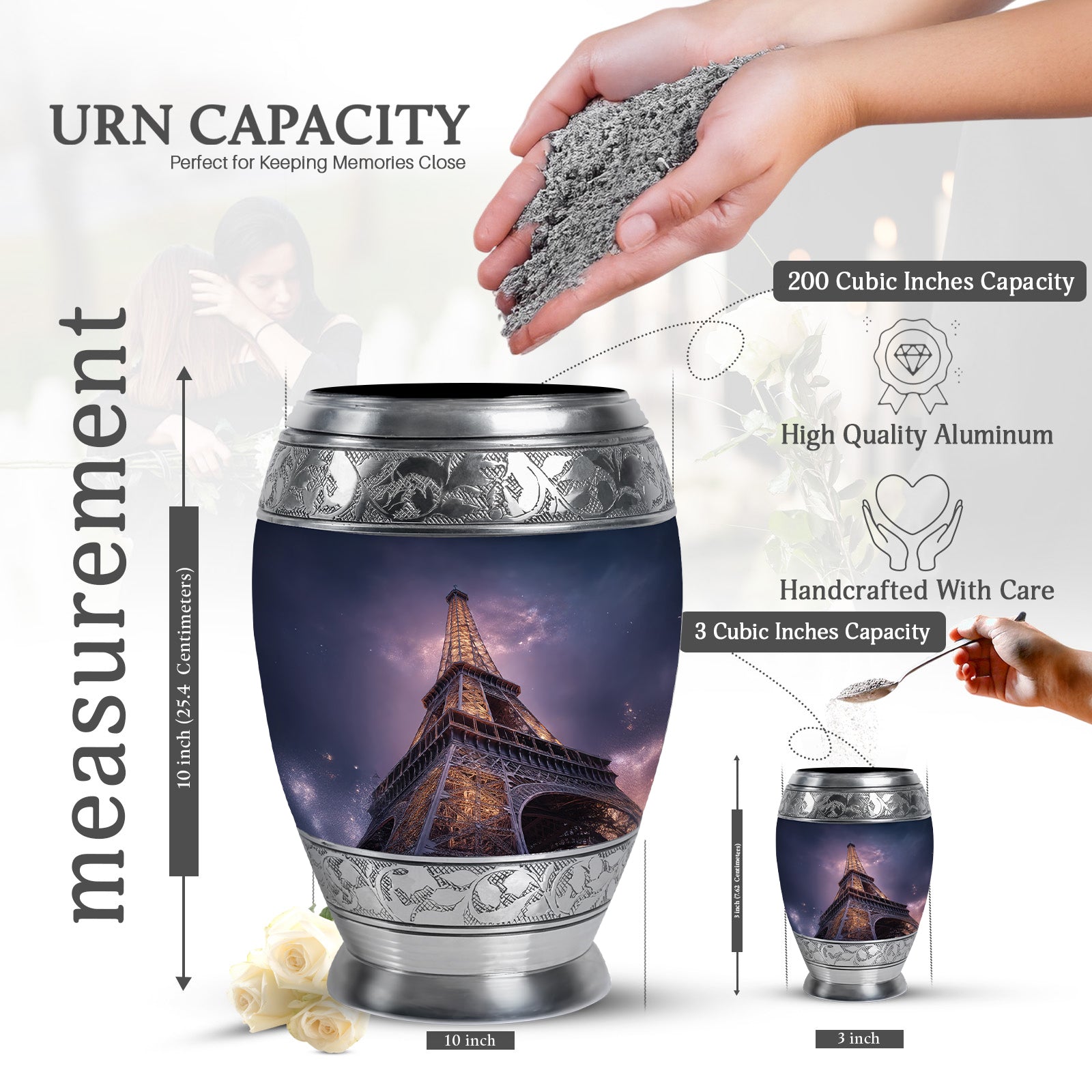 Misty Blue Eiffel Tower Cremation Urn lifestyle display on memorial shelf - regal eiffel tower design with crown-inspired accents - mini keepsake memorial for portion of cremation ashes