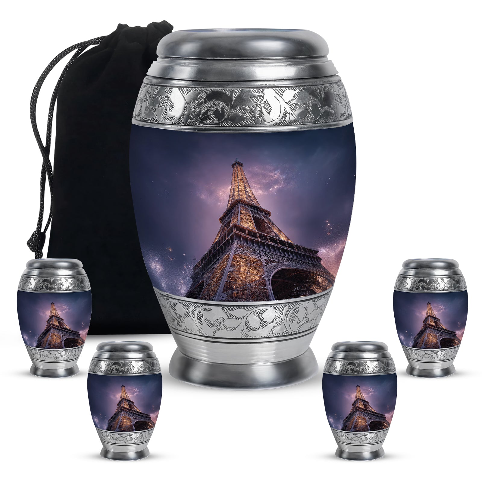 Soft Blue Eiffel Tower Cremation Urn detail view - royal eiffel tower engraving with decorative scrollwork - memorial set with one large and four small urns