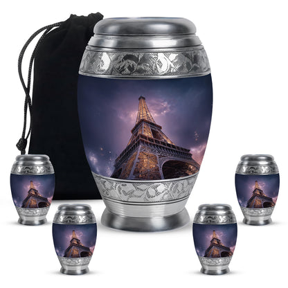Soft Blue Eiffel Tower Cremation Urn detail view - royal eiffel tower engraving with decorative scrollwork - memorial set with one large and four small urns