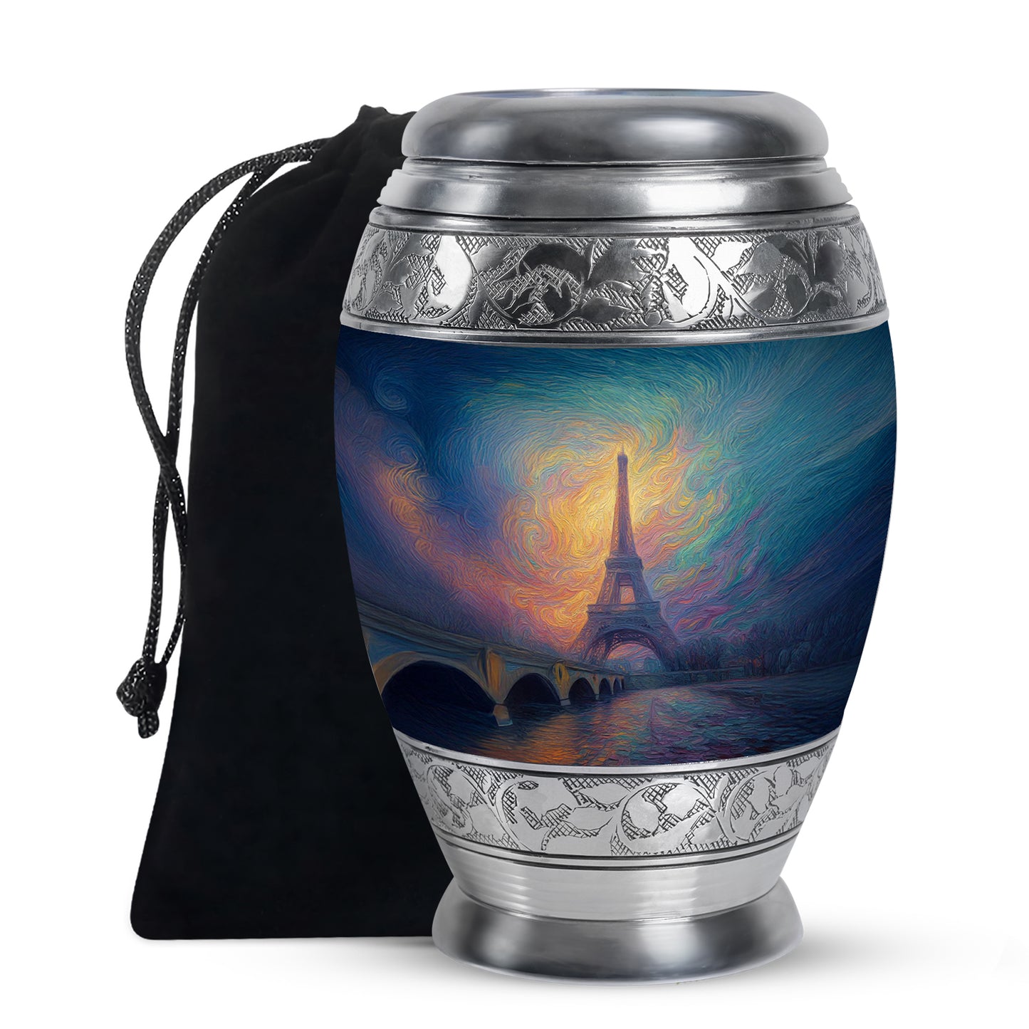 Misty Blue Eiffel Tower Cremation Urn back view with polished surface - regal eiffel tower design with crown-inspired accents - full-size 10 inch 200 cubic inch adult cremation urn