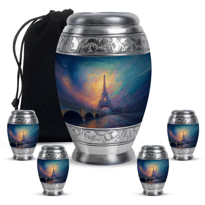 Azure Eiffel Tower Cremation Urn detail view - regal eiffel tower design with crown-inspired accents - memorial set with one large and four small urns