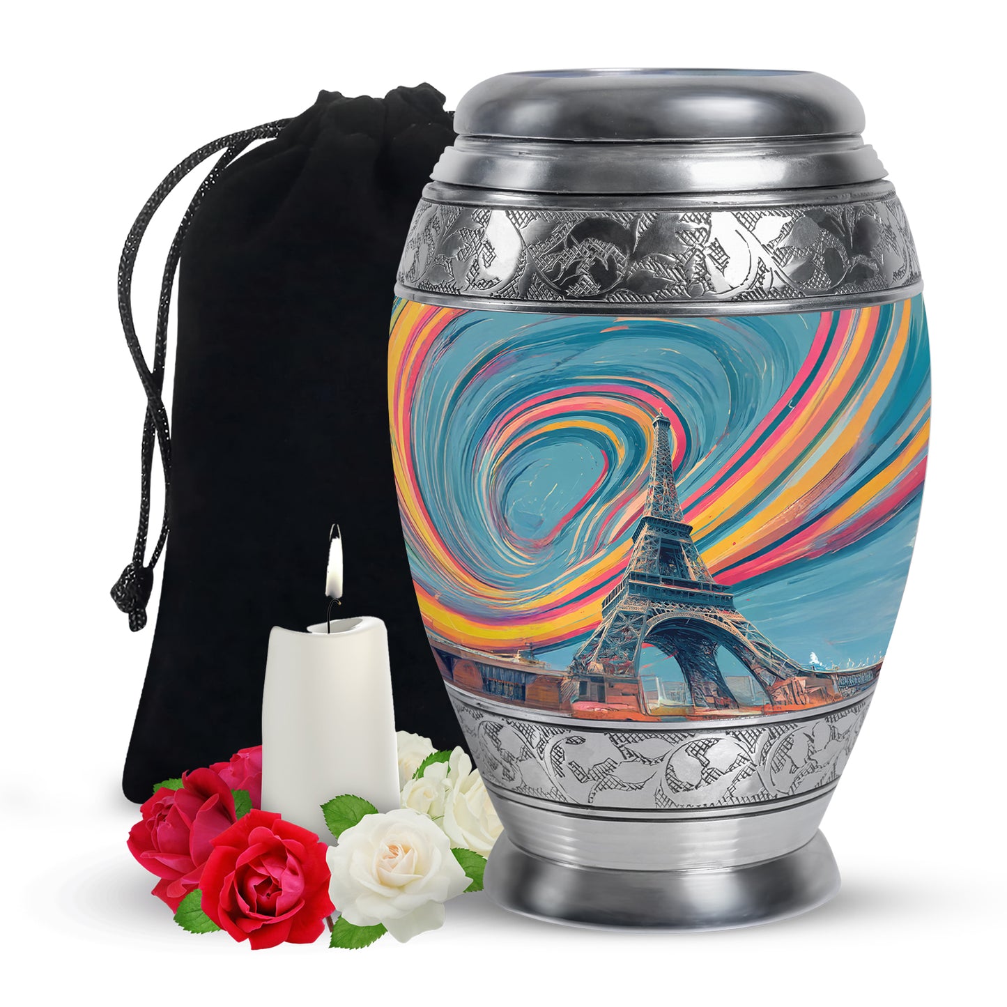 Jewel Teal Eiffel Tower Cremation Urn back view with polished surface - regal eiffel tower design with crown-inspired accents - full-size 10 inch 200 cubic inch adult cremation urn