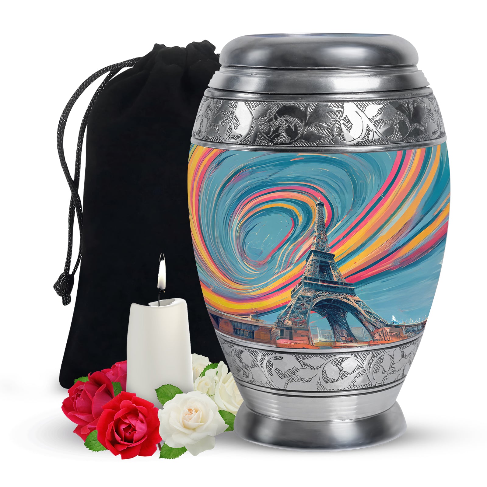 Jewel Teal Eiffel Tower Cremation Urn back view with polished surface - regal eiffel tower design with crown-inspired accents - full-size 10 inch 200 cubic inch adult cremation urn