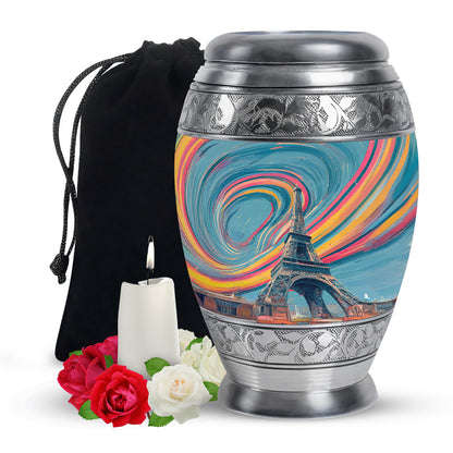 Jewel Teal Eiffel Tower Cremation Urn back view with polished surface - regal eiffel tower design with crown-inspired accents - full-size 10 inch 200 cubic inch adult cremation urn