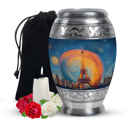 Navy Blue Eiffel Tower Cremation Urn back view with polished surface - ornate monarch-style eiffel tower relief on brushed aluminum - full-size 10 inch 200 cubic inch adult cremation urn