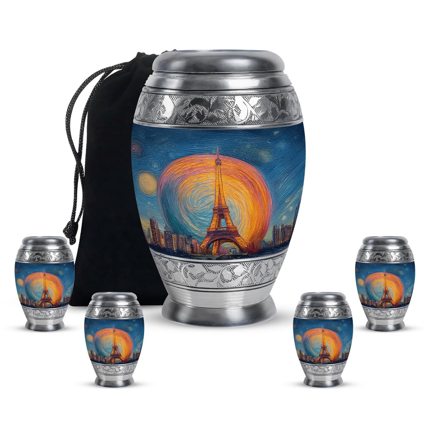 Pastel Blue Eiffel Tower Cremation Urn detail view - regal eiffel tower design with crown-inspired accents - memorial set with one large and four small urns