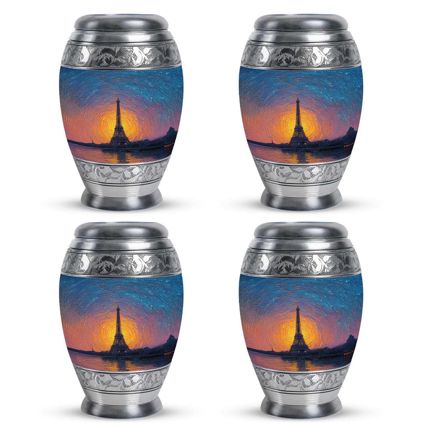 Royal Blue Eiffel Tower Cremation Urn urn with complimentary velvet bag - majestic eiffel tower pattern with filigree border - 10 inch aluminum urn for cremated remains