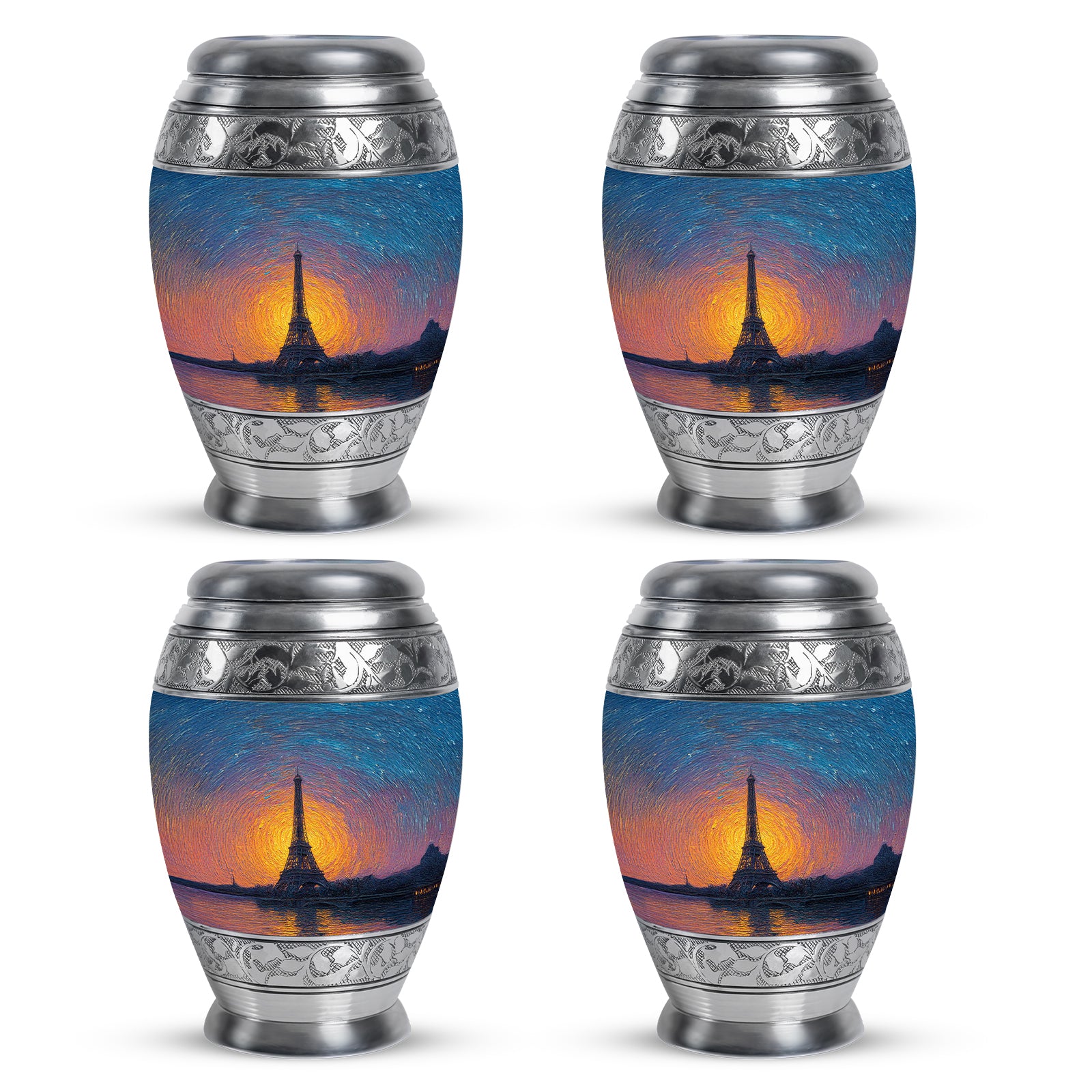 Royal Blue Eiffel Tower Cremation Urn urn with complimentary velvet bag - majestic eiffel tower pattern with filigree border - 10 inch aluminum urn for cremated remains