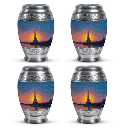 Royal Blue Eiffel Tower Cremation Urn urn with complimentary velvet bag - majestic eiffel tower pattern with filigree border - 10 inch aluminum urn for cremated remains