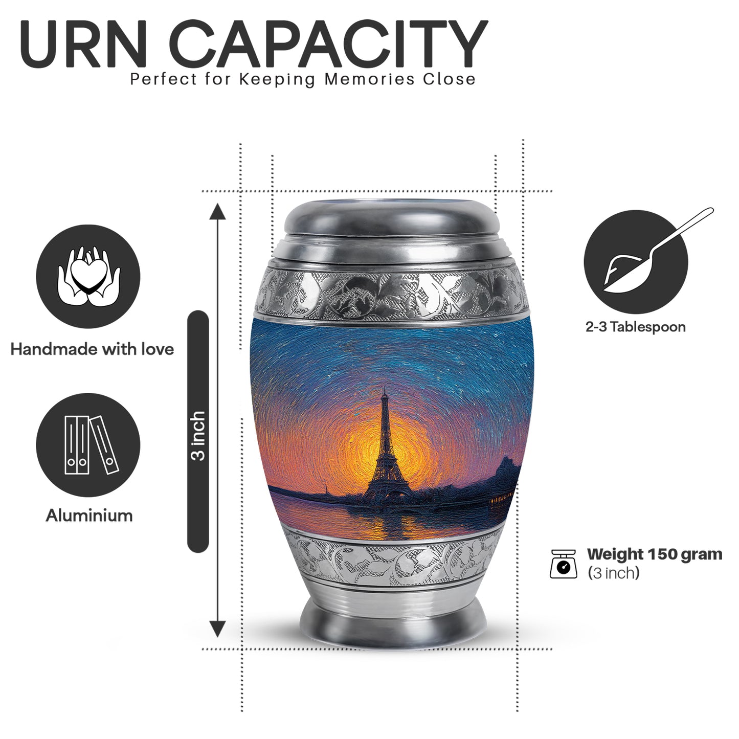 Vivid Blue Eiffel Tower Cremation Urn lifestyle display on memorial shelf - royal eiffel tower engraving with decorative scrollwork - mini keepsake memorial for portion of cremation ashes