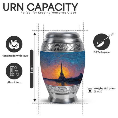 Vivid Blue Eiffel Tower Cremation Urn lifestyle display on memorial shelf - royal eiffel tower engraving with decorative scrollwork - mini keepsake memorial for portion of cremation ashes