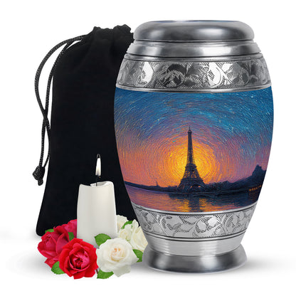 Icy Blue Eiffel Tower Cremation Urn back view with polished surface - ornate monarch-style eiffel tower relief on brushed aluminum - full-size 10 inch 200 cubic inch adult cremation urn
