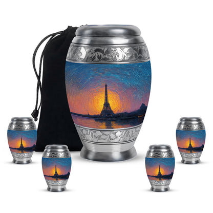 Calming Blue Eiffel Tower Cremation Urn detail view - majestic eiffel tower pattern with filigree border - memorial set with one large and four small urns