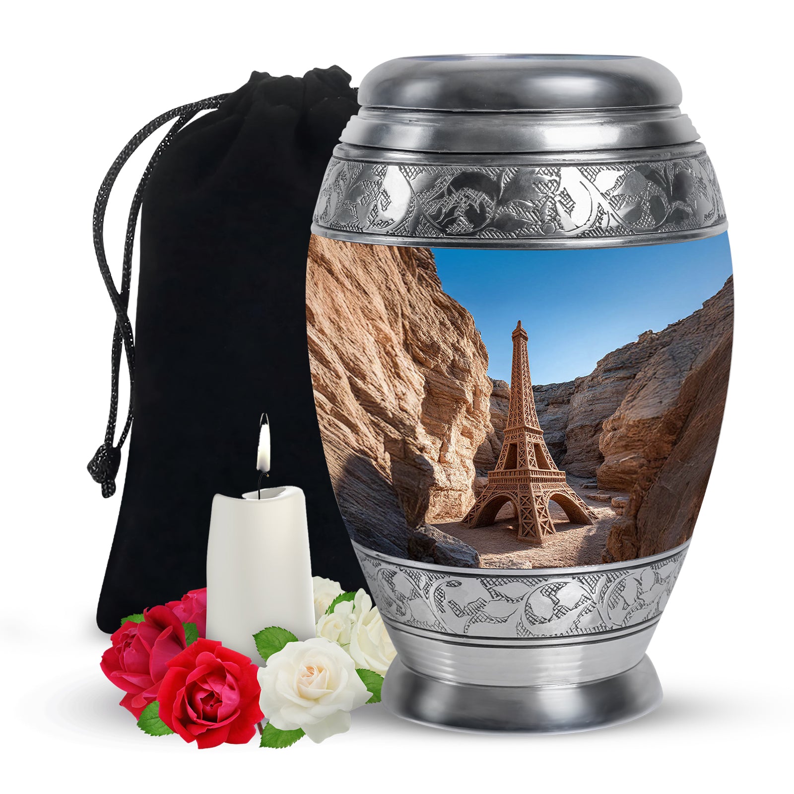 Azure Eiffel Tower Cremation Urn back view with polished surface - ornate monarch-style eiffel tower relief on brushed aluminum - full-size 10 inch 200 cubic inch adult cremation urn