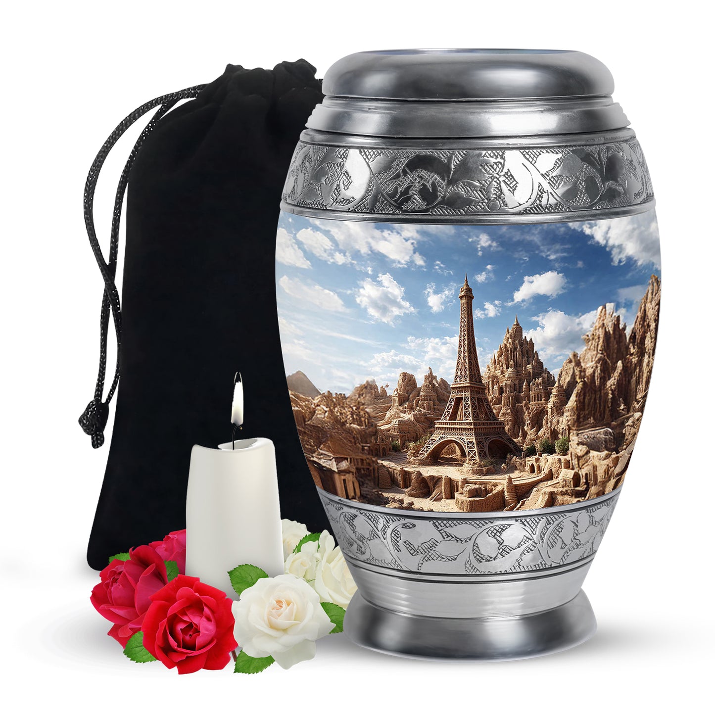 Soft Blue Eiffel Tower Cremation Urn back view with polished surface - majestic eiffel tower pattern with filigree border - full-size 10 inch 200 cubic inch adult cremation urn