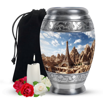 Soft Blue Eiffel Tower Cremation Urn back view with polished surface - majestic eiffel tower pattern with filigree border - full-size 10 inch 200 cubic inch adult cremation urn