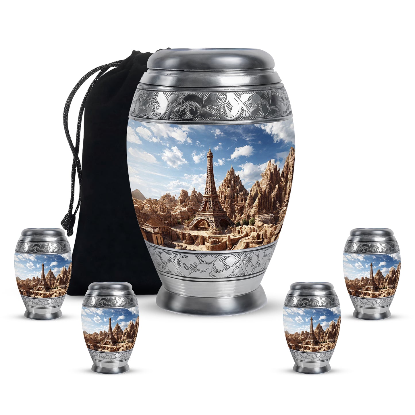Slate Blue Eiffel Tower Cremation Urn detail view - regal eiffel tower design with crown-inspired accents - memorial set with one large and four small urns