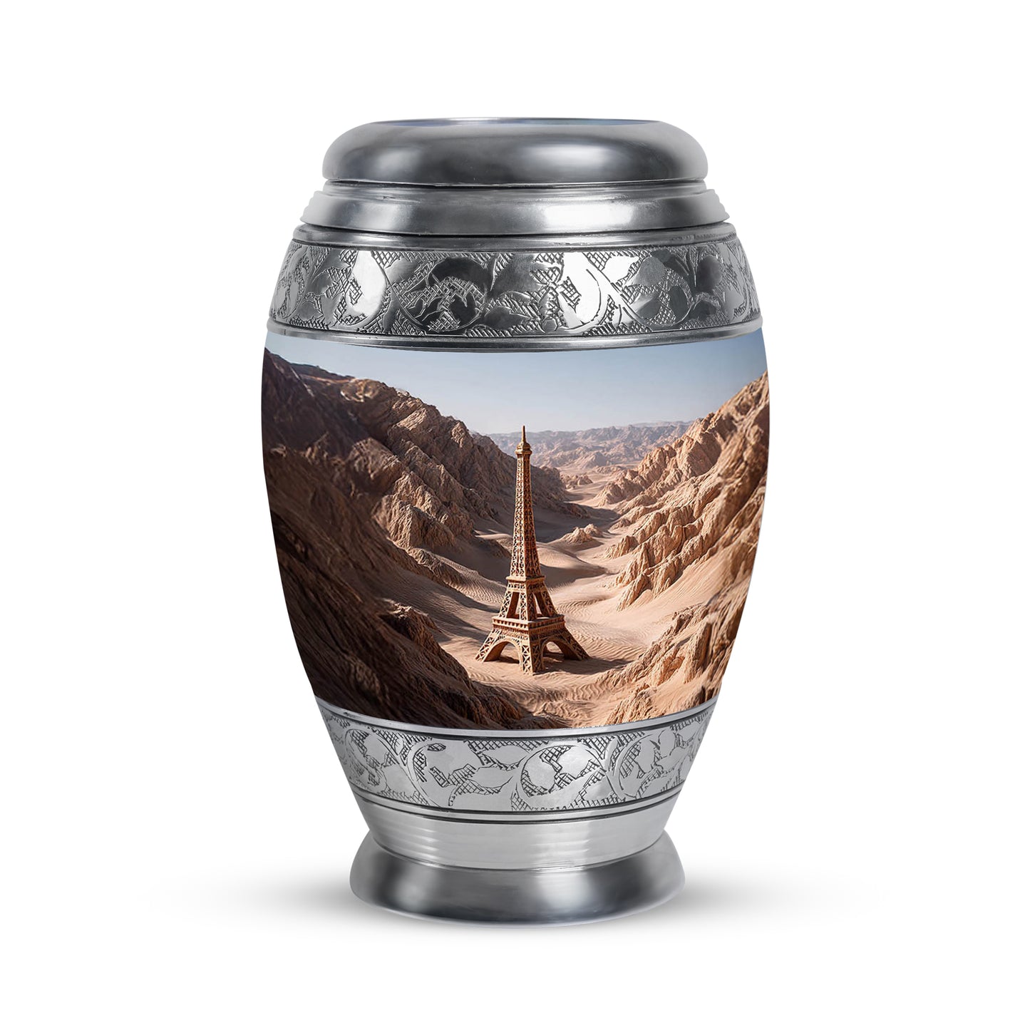 Silver Resounding Eiffel Tower Memorial Urn for Ashes - 10-inch, 200 cu in - Yatskia
