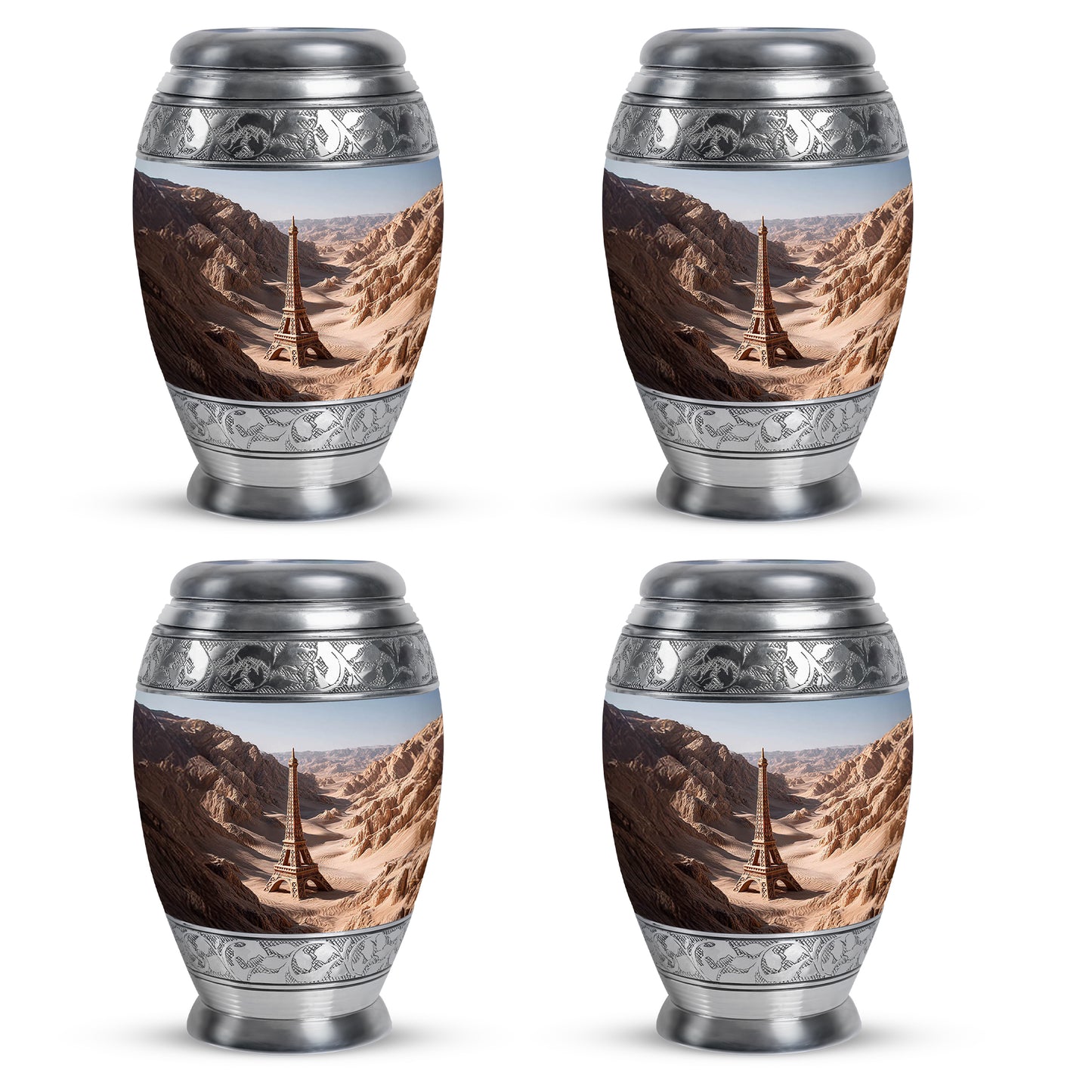 Brushed Silver Eiffel Tower Cremation Urn urn with complimentary velvet bag - regal eiffel tower design with crown-inspired accents - 10 inch aluminum urn for cremated remains